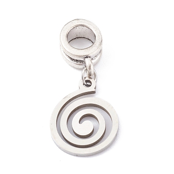 304 Stainless Steel European Dangle Charms, Large Hole Pendants, with Alloy Tube Bails, Vortex, Antique Silver, 25mm, Hole: 4.5mm, vortex: 14.5x11x1mm