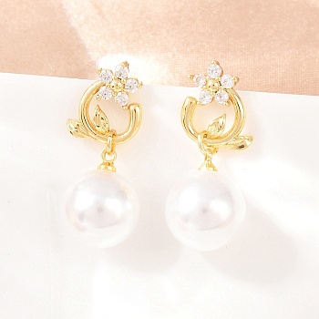 Valentine's Day Flower Brass Micro Pave Clear Cubic Zirconia Dangle Stud Earrings, with ABS Plastic Imitation Pearl, Cadmium Free & Lead Free, Long-Lasting Plated, Rack Plating, Real 18K Gold Plated, 28x11.5mm