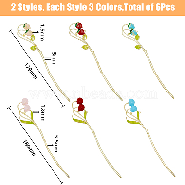 superfindings 6pcs 6 bâtonnets à cheveux en émail en alliage de fraise et de cerise(OHAR-FH0001-11)-2