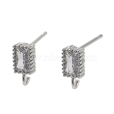 Platinum Clear Rectangle Brass+Cubic Zirconia Stud Earring Findings