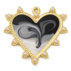 Smudge Pattern Alloy Pendants With ABS Imitation Pearls, Heart Charms, Black, 33x33x3.5mm, Hole: 1.8mm(PALLOY-S034-03KCG-C)