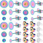 36Pcs 3 Size 304 Stainless Steel Stud Earring Findings, Flat Pad Earring Post, with 50Pcs Plastic Ear Nuts, Rainbow Color, 4~8mm, Pin: 0.7mm, 12Pcs/size(DIY-DC0001-55)