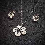 Stainless Steel Flower Stud Earrings & Pendant Necklaces Sets for Women, Stainless Steel Color, 65x50mm(PW-WG215D6-02)