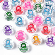 Transparent Clear Acrylic Beads, Horizontal Hole, Flat Round with Mixed Color Letter, Letter.Q, 7x3.5mm, Hole: 1.2mm, about 3700pcs/500g(MACR-N008-56Q)
