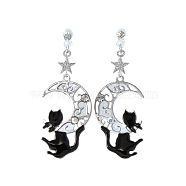 Enamel Cat with Moon Dangle Stud Earrings with Crystal Rhinestone, Brass Drop Earrings with 925 Sterling Silver Pins for Women, Platinum, Black, 30mm(MOST-PW0001-058B)