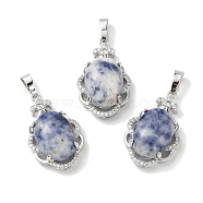 Natural Blue Spot Jasper Oval Pendants, Platinum Tone Brass Micro Pave Clear Cubic Zirconia Flower Charms, Long-Lasting Plated, Lead Free & Cadmium Free, 30x19x10mm, Hole: 7.8x5mm(G-NH0025-15P-05)