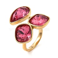 Teardrop & Square Glass Open Cuff Rings, Real 18K Gold Plated 304 Stainless Steel Ring, Cerise, US Size 7 1/4(17.5mm)(RJEW-G289-01G-01)