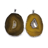 Natural Agate Big Pendants, Oval Charms, Dyed & Heated, with Platinum Plated Brass Findings, Goldenrod, 50~62x33~43x5~7mm, Hole: 7.5x4.5mm(KK-F868-29P-04)