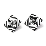 Resin Stud Earrings, with 925 Sterling Silver Pins, Rhombus, Platinum, Stripe Pattern, 41x41mm, Pin: 0.6mm, Side Length: 30mm (EJEW-I257-01E)