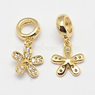 Flower Brass Micro Pave Grade AAA Cubic Zirconia European Dangle Charms, Cadmium Free & Nickel Free & Lead Free, Real 18K Gold Plated, 20mm, Hole: 4.5mm(ZIRC-O022-43G-NR)