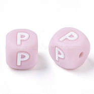 Food Grade Eco-Friendly Silicone Beads, Horizontal Hole, Chewing Beads For Teethers, DIY Nursing Necklaces Making, Letter Style, Cube, Pink, Letter.P, 10x10x10mm, Hole: 2mm(SIL-R011-10mm-04P)