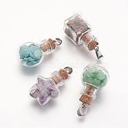 Natural & Synthetic Gemstone Pendants, with Glass Bottle for Bead Containers, Mixed Shape, Mixed Color, 38mm, Hole: 4x7mm(PALLOY-JF00274)
