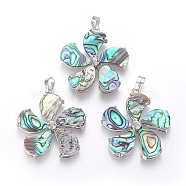 Abalone Shell/Paua Shell Pendants, with Platinum Tone Brass Findings and Rhinestone, Flower, 40.5x37.5x7.5mm, Hole: 5x8mm(SSHEL-L008-64A)