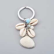 Electroplate Shell Keychain, with Grade A Pearl Beads, Natural Larimar Beads, Iron Jump Ring, Seashell Color, Platinum, 85mm(KEYC-JKC00177)