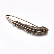 Tibetan Style Alloy Brooches, Feather, Antique Bronze, 89x23x6mm, Pin: 1mm(JEWB-WH0007-04AB)