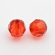Transparent Acrylic Beads, Faceted Round, Red, about 12mm in diameter, hole: 2mm, about 568pcs/500g(PL505Y-1)
