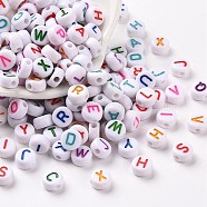 Opaque White Acrylic Beads, Flat Round with Mixed Color Letter, Letter, 7x3.5mm, Hole: 1.2mm, about 4000pcs/500g(MACR-N012-01)