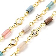 Natural Mixed Gemstone Column & Clear Cubic Zirconia Flat Round Link Chain, with Brass Findings, Soldered, with Spool, Lead Free & Cadmium Free, Real 18K Gold Plated, 13.5x3mm, 10x4.5x2mm(CHC-G017-01G)