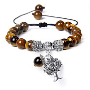 Alloy Tree of Life Charm Bracelet, Natural Tiger Eye Braided Adjustable
 Bracelet, 6-3/4~8-5/8 inch(17~22cm)(PW-WG19782-10)