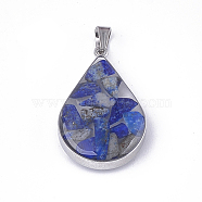 Natural Lapis Lazuli Pendants, with Glass and 304 Stainless Steel Findings, teardrop, Stainless Steel Color, 26.5~27x17~17.5x6.5~7mm, Hole: 3x5.5mm(STAS-T043-02F)