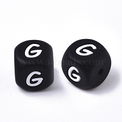Food Grade Eco-Friendly Silicone Beads, Horizontal Hole, Chewing Beads For Teethers, DIY Nursing Necklaces Making, Cube, Black, Letter.G, 12x12x12mm, Hole: 2mm(X-SIL-T055-G)