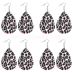 4 Pairs Artificial Leather Teardrop with Leopard Print Dangle Earrings, Platinum, White, 78.5x38mm(EJEW-UN0002-92A)