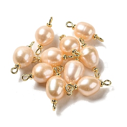 Natural Pearl Connector Charms, Potato Links with Real 18K Gold Plated Brass Double Loops, PeachPuff, 23~24x8.5~10mm, Hole: 1.5mm(FIND-C046-19B-G)