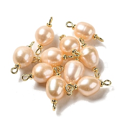 Natural Pearl Connector Charms, Potato Links with Real 18K Gold Plated Brass Double Loops, PeachPuff, 21~24x8.5~10mm, Hole: 1.5mm(FIND-C046-19B-G)