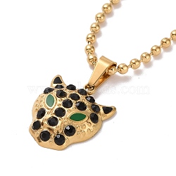 Rhinestone Leopard Pendant Necklace with Enamel, Gold Plated 304 Stainless Steel Jewelry for Women, Jet, 15.87 inch(40.3cm)(NJEW-C036-02G)