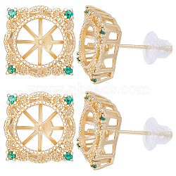 6Pcs Brass Micro Pave Cubic Zirconia Stud Earrings Settings, with 925 Sterling Silver Pin, Real 14K Gold Plated, for Half Drilled Beads, with 10Pcs Plastic Ear Nuts, Square, 11.5x11.5mm, Pin: 0.8mm(KK-BBC0008-69A)