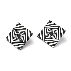 Resin Stud Earrings, with 925 Sterling Silver Pins, Rhombus, Platinum, Stripe Pattern, 41x41mm, Pin: 0.6mm, Side Length: 30mm (EJEW-I257-01E)