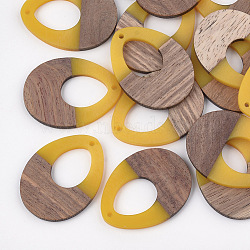 Resin & Walnut Wood Pendants, teardrop, Gold, 37.5x28x3~3.5mm, Hole: 1.5mm(RESI-S358-05D)