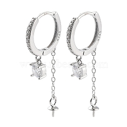 Rhodium Plated 925 Sterling Silver with Cubic Zirconia Hoop Earring Findings, with Pinch Bails and S925 Stamp, for Half Drilled Beads, Real Platinum Plated, 22 Gauge, 13x12.5mm, Pin: 0.6mm(EJEW-B038-14P)