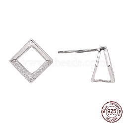 Rhodium Plated 925 Sterling Silver Stud Earring Findings, with Micro Pave Cubic Zirconia, Bar Links and Ice Pick Pinch Bail, Rhombus, Platinum, 10x10mm, Pin: 0.8mm(X-STER-F048-28P)
