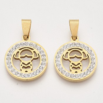 201 Stainless Steel Pendants, with Random Size Snap On Bails and Polymer Clay Crystal Rhinestones, Flat Round with Monkey, Golden, 23x20x2~3mm, Hole: 7~10x3~5mm
