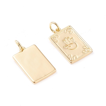 Brass Pendants, with Jump Rings, Long-Lasting Plated, Rectangle with Hamsa Hand/Hand of Fatima/Hand of Miriam, Real 18K Gold Plated, 16.6x10x1.3mm, Hole: 2.8mm