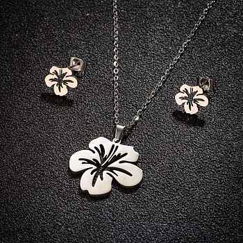 Stainless Steel Flower Stud Earrings & Pendant Necklaces Sets for Women, Stainless Steel Color, 65x50mm