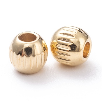 Brass Beads, Long-Lasting Plated, Corrugated Round, Real 24K Gold Plated, 3.9x3.6mm, Hole: 1.6mm