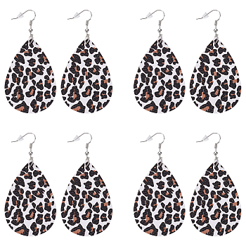 4 Pairs Artificial Leather Teardrop with Leopard Print Dangle Earrings, Platinum, White, 78.5x38mm