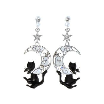 Enamel Cat with Moon Dangle Stud Earrings with Crystal Rhinestone, Brass Drop Earrings with 925 Sterling Silver Pins for Women, Platinum, Black, 30mm