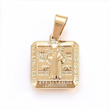 304 Stainless Steel Pendants, Square with Saint Benedict, Golden, 18x15x3.5mm, Hole: 7x4mm