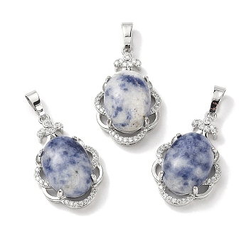 Natural Blue Spot Jasper Oval Pendants, Platinum Tone Brass Micro Pave Clear Cubic Zirconia Flower Charms, Long-Lasting Plated, Lead Free & Cadmium Free, 30x19x10mm, Hole: 7.8x5mm