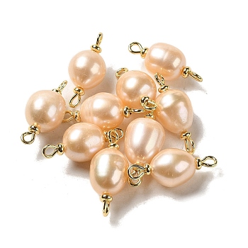 Natural Pearl Connector Charms, Potato Links with Real 18K Gold Plated Brass Double Loops, PeachPuff, 23~24x8.5~10mm, Hole: 1.5mm
