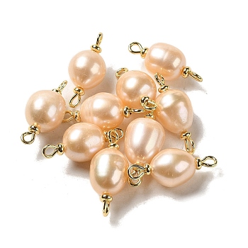 Natural Pearl Connector Charms, Potato Links with Real 18K Gold Plated Brass Double Loops, PeachPuff, 21~24x8.5~10mm, Hole: 1.5mm