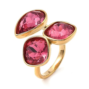 Teardrop & Square Glass Open Cuff Rings, Real 18K Gold Plated 304 Stainless Steel Ring, Cerise, US Size 7 1/4(17.5mm)