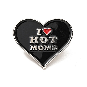 Heart with I Love Hot Moms Enamel Pin, Platinum Alloy Brooch for Mother's Day, Black, 27.5x30x1.5mm