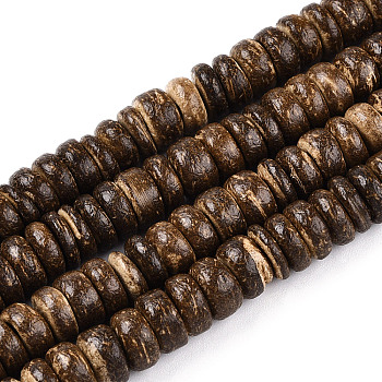 Coco Nut Beads Strands, Flat Round, Saddle Brown, 8x2~6mm, Hole: 1mm, about 88~110pcs/strand, 14.56 inch~16 inch