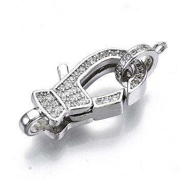 Brass Micro Pave Clear Cubic Zirconia Lobster Claw Clasps, with Bail Beads/Tube Bails, Nickel Free, Real Platinum Plated, 23x11x5mm, Hole: 2mm