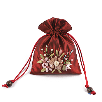 Flower Pattern Satin Jewelry Packing Pouches, Drawstring Gift Bags, Rectangle, Dark Red, 14x10.5cm