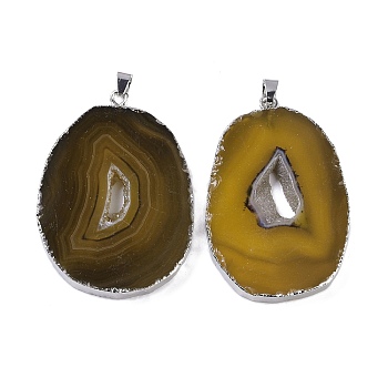 Natural Agate Big Pendants, Oval Charms, Dyed & Heated, with Platinum Plated Brass Findings, Goldenrod, 50~62x33~43x5~7mm, Hole: 7.5x4.5mm